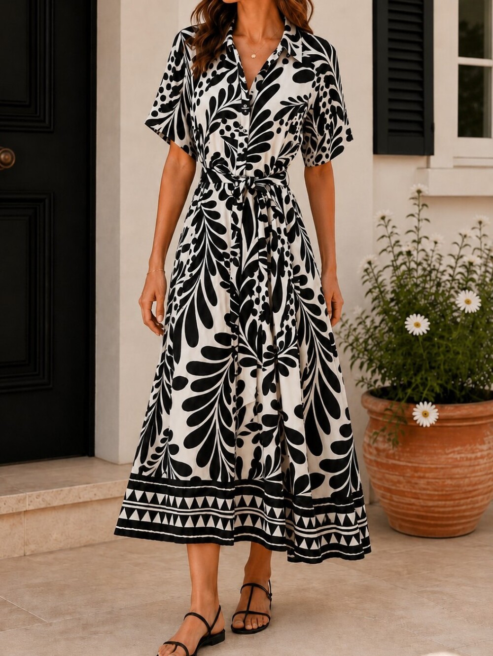 H&M Black White Botanical Leaf Print Button Down Maxi Shirt Dress M Abstract Art